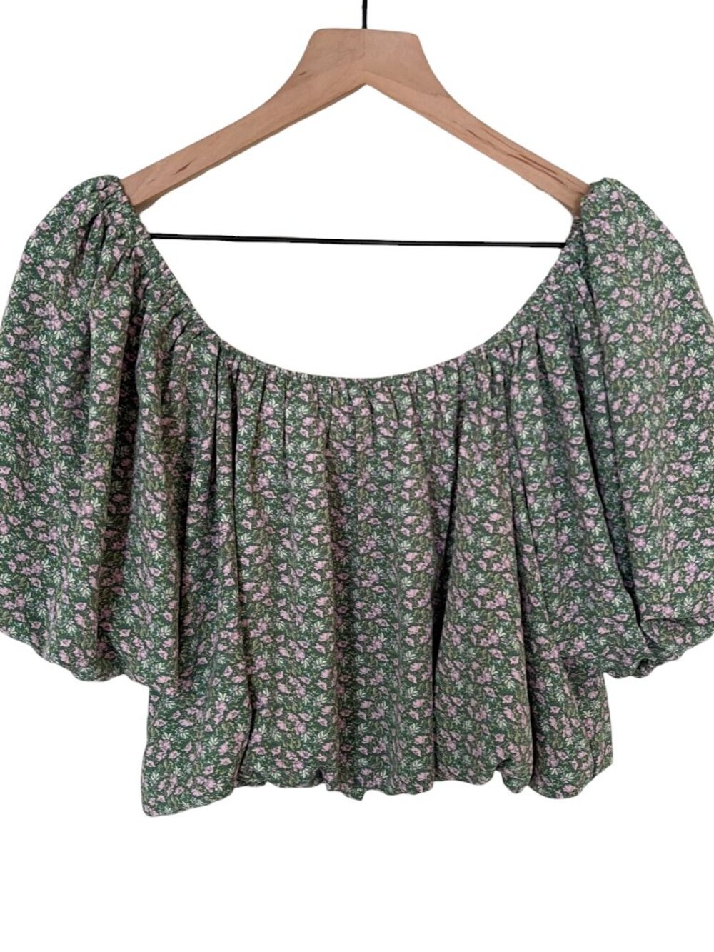 NWT Entro Green Purple Disty Floral Printed Puff Sleeve Crop Top